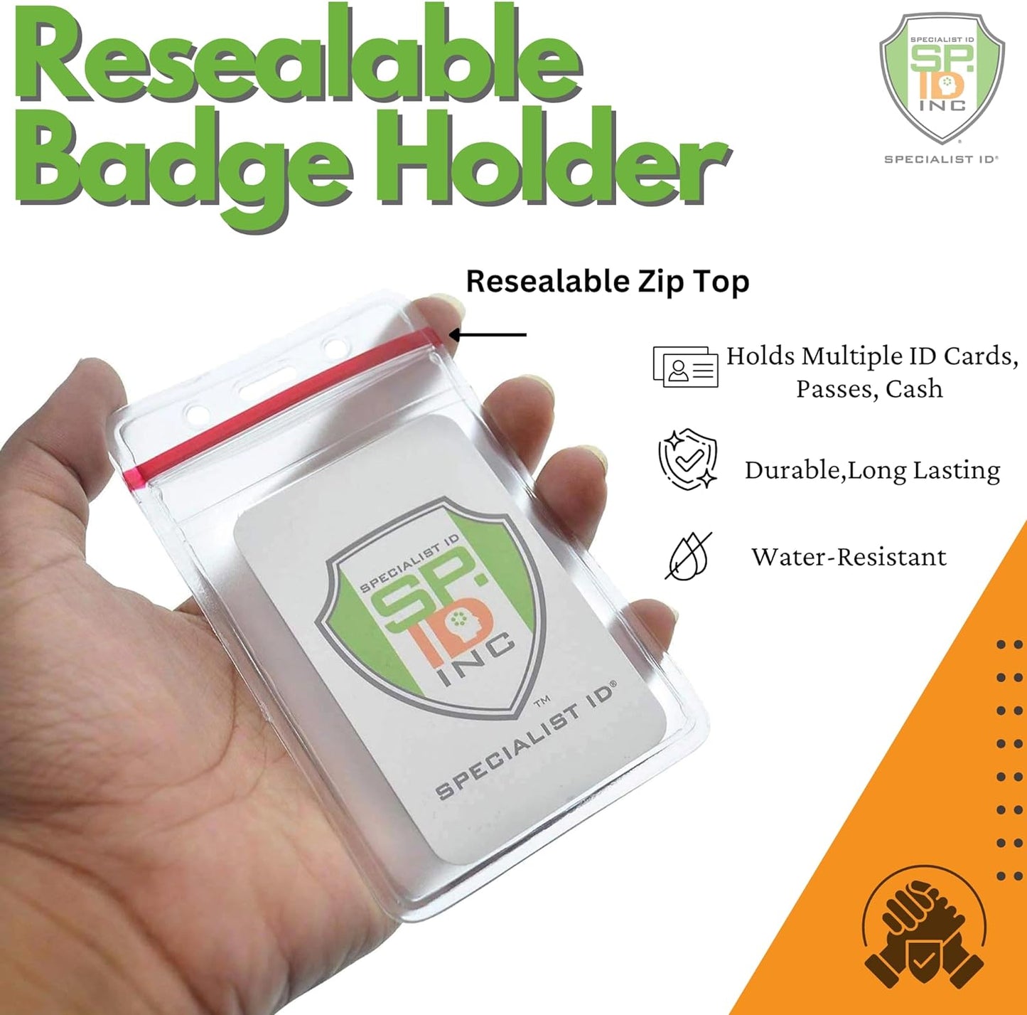 Specialist ID Heavy Duty Clear Vinyl Badge Holders - 25 Pack for Vertical Name Badges | Water Resistant Sleeves with Resealable Top