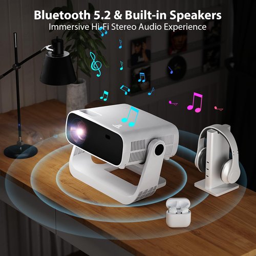 Wielio Smart Projector with WiFi 6 and Bluetooth Built-in Apps - 4K Support Portable Bedroom Mini Projector Native 1080P , 2025 New Auto Keystone & Zoom Home Theater Cinema Movie Proyector, 120° Stand