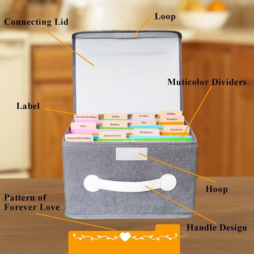 DOFFICE Greeting Card Organizer & Storage Box with 16 Pcs Adjustable Dividers, Storing 120+ Cards with 84 Pcs Labels (Grey - 1 Pack)