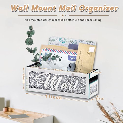 WALTSOM Crushed Diamond Mail Organizer, Crystal Mail Organizer Countertop, Mirror Letter Holder, Mail Tray, Mail Holder Box for Desk, Mail Holder for Wall