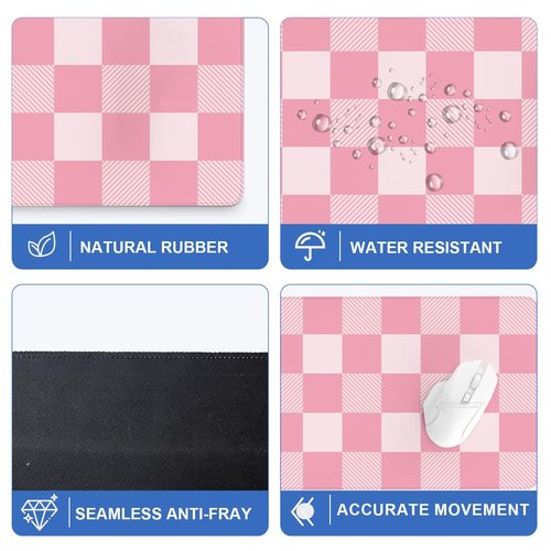Checkered Mouse Pad Gaming, Large Mouse Pad for Desk, Checkered Desk Mat Extended Mousepad with Non-Slip Rubber Base Stitched Edge, Long Keyboard Mat for Gaming Home Office, Pink, 35.4" x 15.7"