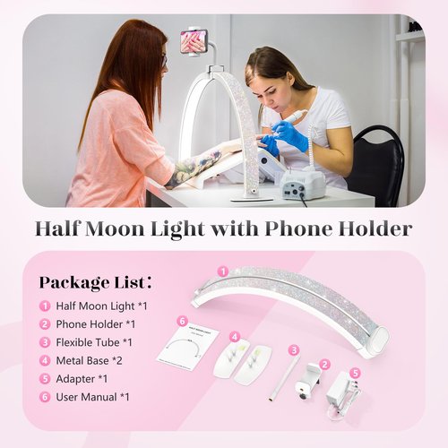 Half Moon Light for Nail Desk: 29" Foldable Half Moon Nail Desk Lamp with Phone Holder for Nail Beginner - Arch Nail Tech Light with 3 Color Modes & 10 Brightness for Manicure Salon (Diamond, Large)