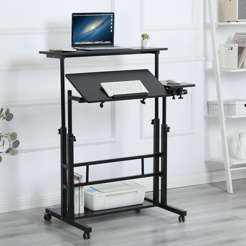 AIZ Adjustable Computer Rolling Desk Cart on Wheels Home Office Workstation, Portable Laptop Tall Table for Standing or Sitting, Black