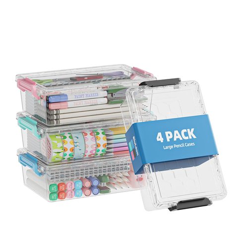 BiuLeon 4 Pack Extra Large Pencil Box, Plastic Pencil Case Organizer, Clear Crayon Box Marker Organizer, Stackable Craft Organizers and Storage for Pen, Craft, Art Supply(Green/Blue/Pink/Black)