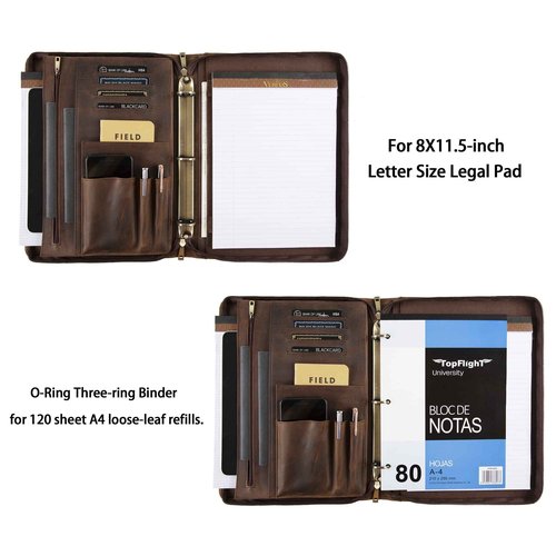 Leather Portfolio Binder, 3 Ring Binder Padfolio Organizer, Personalized Portfolio for Men, iPad Laptop Padfolio with Zipper (Dark Khaki, Non-Custom)