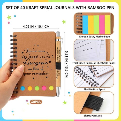 Chuangdi 40 Sets Christmas Employee Appreciation Gifts Thanksgiving Inspirational Notebook Journal with Sticky Notepad Bamboo Pen Bulk Thank You Gifts for Nurse Staff Team Coworker Teacher (Kraft)