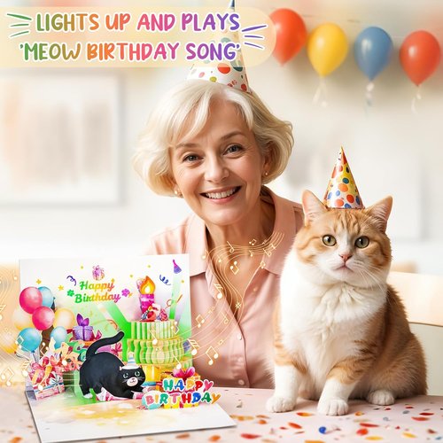 FITMITE Cute Cat Birthday Card - Music, Lights & Blowable Candle | Funny Pop-Up Design for Cat Lovers