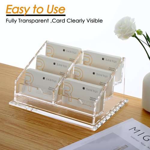 SANRUI Acrylic Business Card Holder for Desk, Clear Display Stand with 6 Slots, Holds 300 Cards, 3-Tier Horizontal Clear Name Card Stand ,Office Desk Organizer for Women & Men
