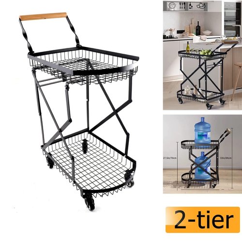 QAVODB Multi Functional Collapsible Carts, 2-Tier Foldable Storage Cart Metal Utility Cart with 360° Rolling Swivel Wheels Folding Kitchen Storage Organzier Cart for Classroom Bedroom Living Room
