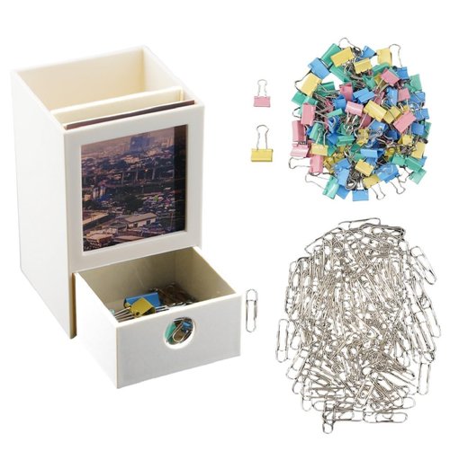 SLFreMint Desktop Pen Holder with Photo Frame, Storage Drawer, 200 Paper Clips, 100 Binder Clips (white)