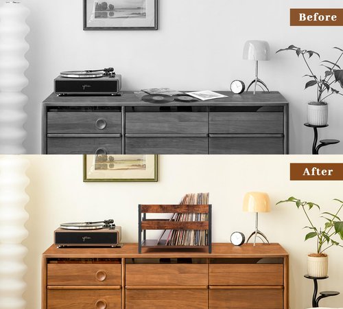 Y&M Vinyl Record Storage Crate, Wooden Storage Box, Classic Cube CD Albums Shelf Holder Organizer, Holds Up to 100+ Records, Magazine Rack for Desktop, Home, Office, Brown