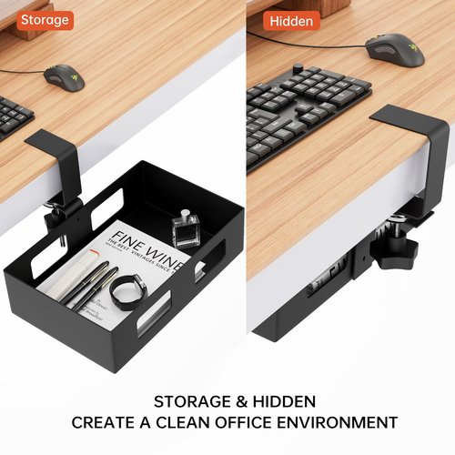 Gaxomo 2 Pack Clamp-on Swivel Organizer, Under Desk Hidden Storage Drawer with Cable Hole, Hanging Metal Basket for Extender Space