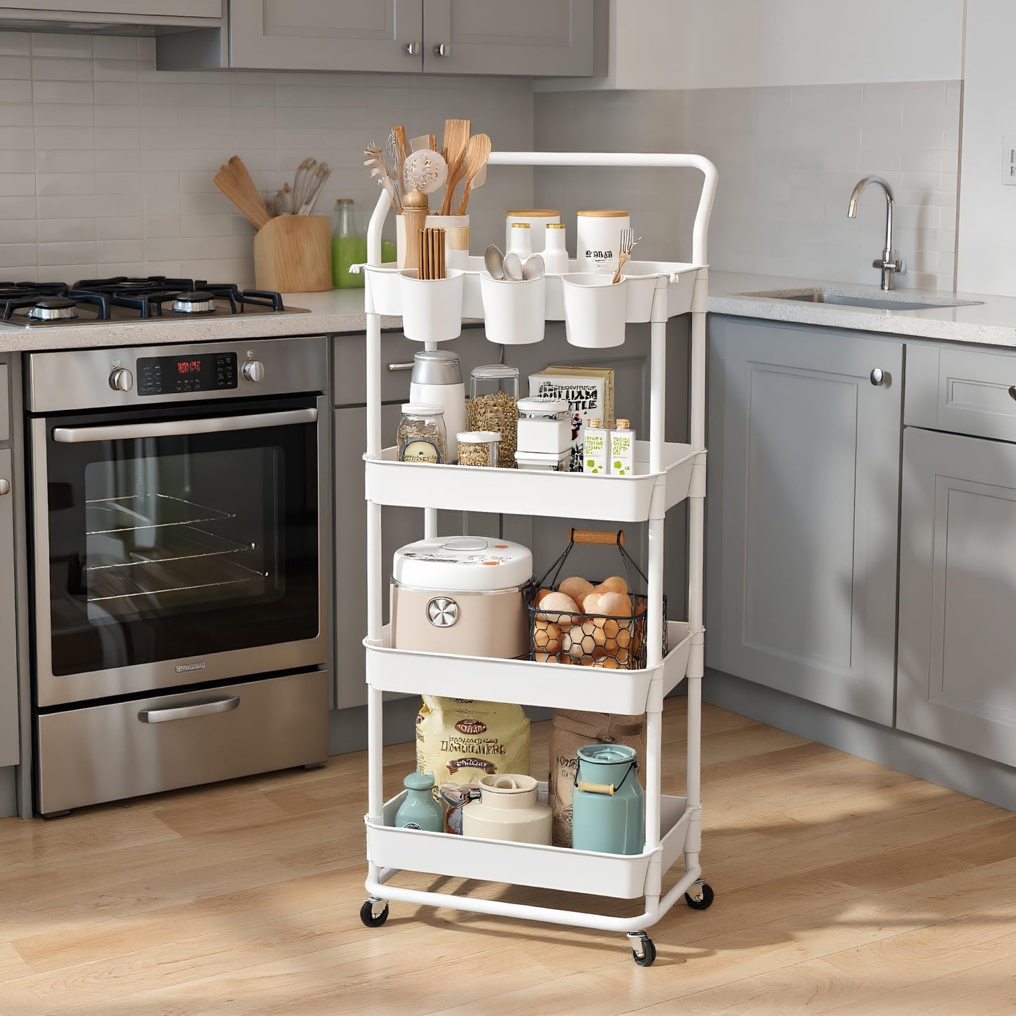 Buzowruil 4-Tier Rolling Utility Cart, Storage Cart with Handle Multi-Purpose and Locking Wheels,with Hanging Basket and Hook for Office, Kitchen, Bathroom,White