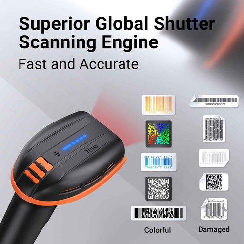 Tera Pro Barcode Scanner with Power Switch Battery Level Indicator Replaceable Battery Wall Mountable Stand 1D 2D QR Works with Bluetooth 2.4G Wireless USB Wired Bar Code Reader D6100