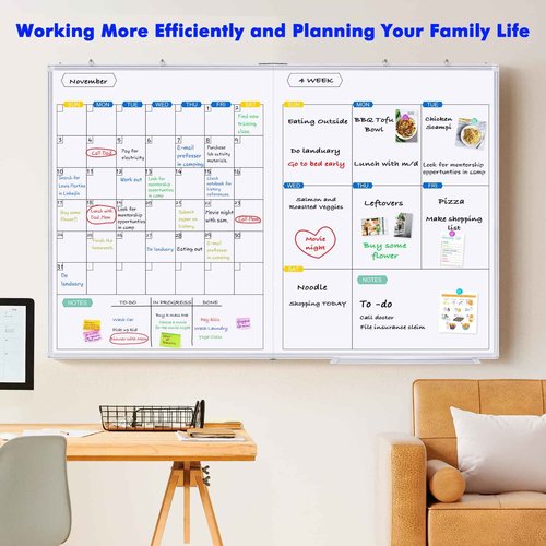 Dry Erase Calendar Whiteboard for Wall, 48" x 36" Monthly + Weekly Large Magnetic White Board Calendar Dry Erase, Silver Aluminum Frame