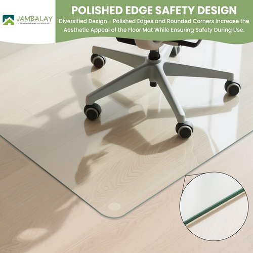 JAMBALAY 55″×46″ Tempered Glass Office Chair Mat, Thick 0.2″ Heavy Duty Glass Floor Mat for Carpet and Hard Floors, with Anti-Slip Pads, Polished Edges and Round Corners, Easy Roll On
