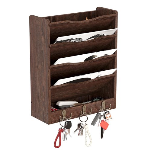 Senhoglb 5 Tier Hanging Wall File Holders Letter Size Wall File Organizer Wood Mail Organizer with 6 Hooks, Brown