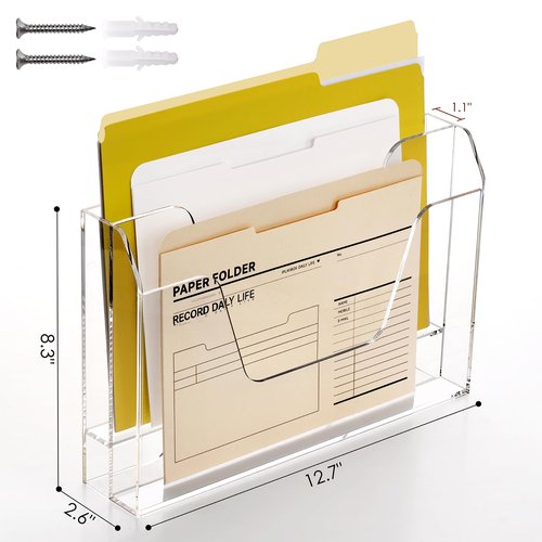DINGHUO Wall Hanging File Organizer, Acrylic Mail Organizer wall mounted File Holder, Clear 2 Tier Folder Paper Document Magazine Rack for Desk Office School Home - 1 Pack