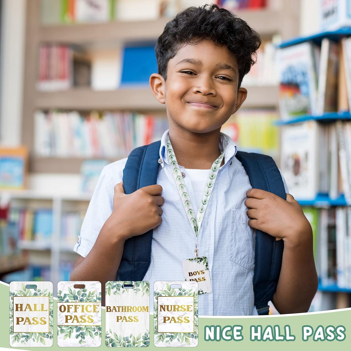 Teling Hall Pass Lanyards Set - Unbreakable PVC Passes for School & Office | Eucalyptus Design