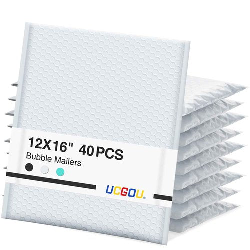 UCGOU Bubble Mailers 12x16 Inch 40 Pack Usable Size 12x15 Inch Large Padded Envelopes White Waterproof Packaging Bags for Shipping Self Seal Strong Adhesion Envelopes for Jewelry Makeup Supplies