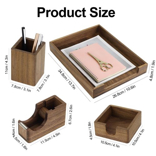 Buqoo North American Walnut Wooden Desk Organizers, 4PCS Desk Asccessories with Letter Tray, Pen Holder, Sticky Note Holder & Tape Dispenser for Office Supplies Storage Organization and Home Office
