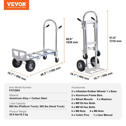 VEVOR Aluminum Truck, 2 in 1, 800 lbs Load Capacity, Heavy Duty Industrial Convertible Folding Hand Truck and Dolly, Utility Cart Converts from Hand Truck to Platform Cart with Rubber Wheels