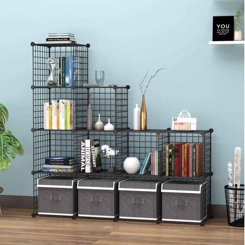 HUBSON Wire Cube Storage Organizer, Book/Toy/Craft/Potted Plants and petCloset Organizers and Storage Shelves, 12-Cube Freely Combinable Metal Grids Storage Shelf,Black Plus Iron