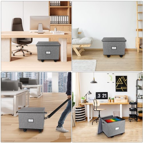 Portable Rolling File Box with Handles, Collapsible Rolling Filing Cabinet Document Box for Home Office, Rolling File Cart Mobile Wheels Storage Filing Box for Legal & Letter Size