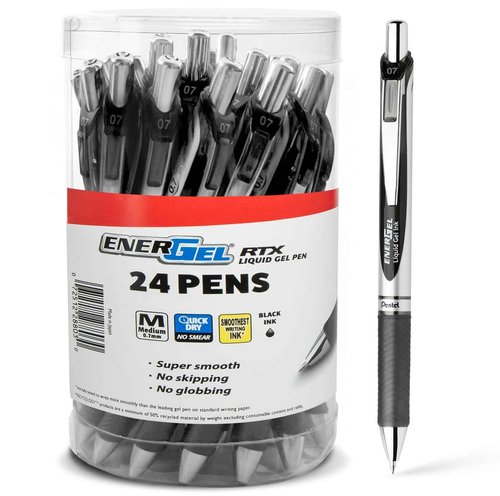 Pentel Energel Liquid Gel Ink Pens 0.7 mm Medium Point, RTX Retractable Metal Tip, Pack of 24