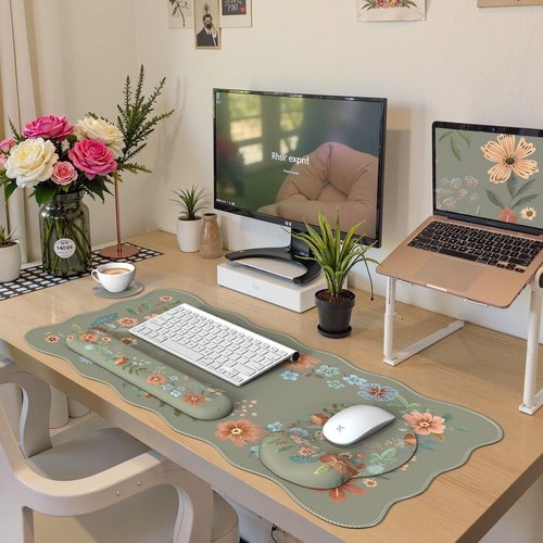 iLeadon Mouse Pad Set and Keyboard Wrist Rest, Non-Slip Desk Pad Mat for Keyboard and Mouse, Floral Desk Mat Cute Wave Design, Computer Wrist Rest for Women Office Desk (Green)