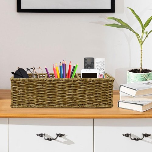 Yomjarl Remote Control Holder,Tv Remote Storage Basket,Handwoven Wicker Basket with 3 Compartments,Desk Caddy,Cosmetic & Night Stand Storage Box,Table Organizer for Office Supplies,Makeup Brush Holder