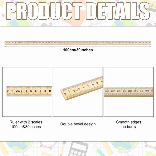 Treela 24 Pack 39 Inches Meter Stick Wood Ruler Economy Yard Stick Double Sided Heavy Duty Thick Meter for School Classroom Home Office Kids Clothing Measuring