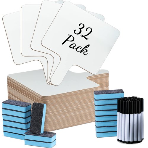32 Pack Dry Erase Words 8"x10" Double Sided White Boards Plastic Handheld Paddles with Whiteboard Pens Erasers for Students Classroom Voting Bidding Answering(Square)