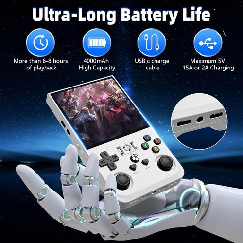 R36MAX Retro Handheld Game Console - 4.0 Inch IPS Screen, 64GB Memory | Portable Arcade Gift in Pearl White