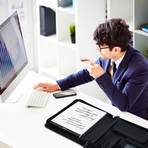 POPRUN Portfolio Binder with Zipper, Leather Padfolio Document Organizer with Storage, Professional Business Briefcase ideal for Meeting Presentation Work-Includes 50 Sheet Writing Pad, Black