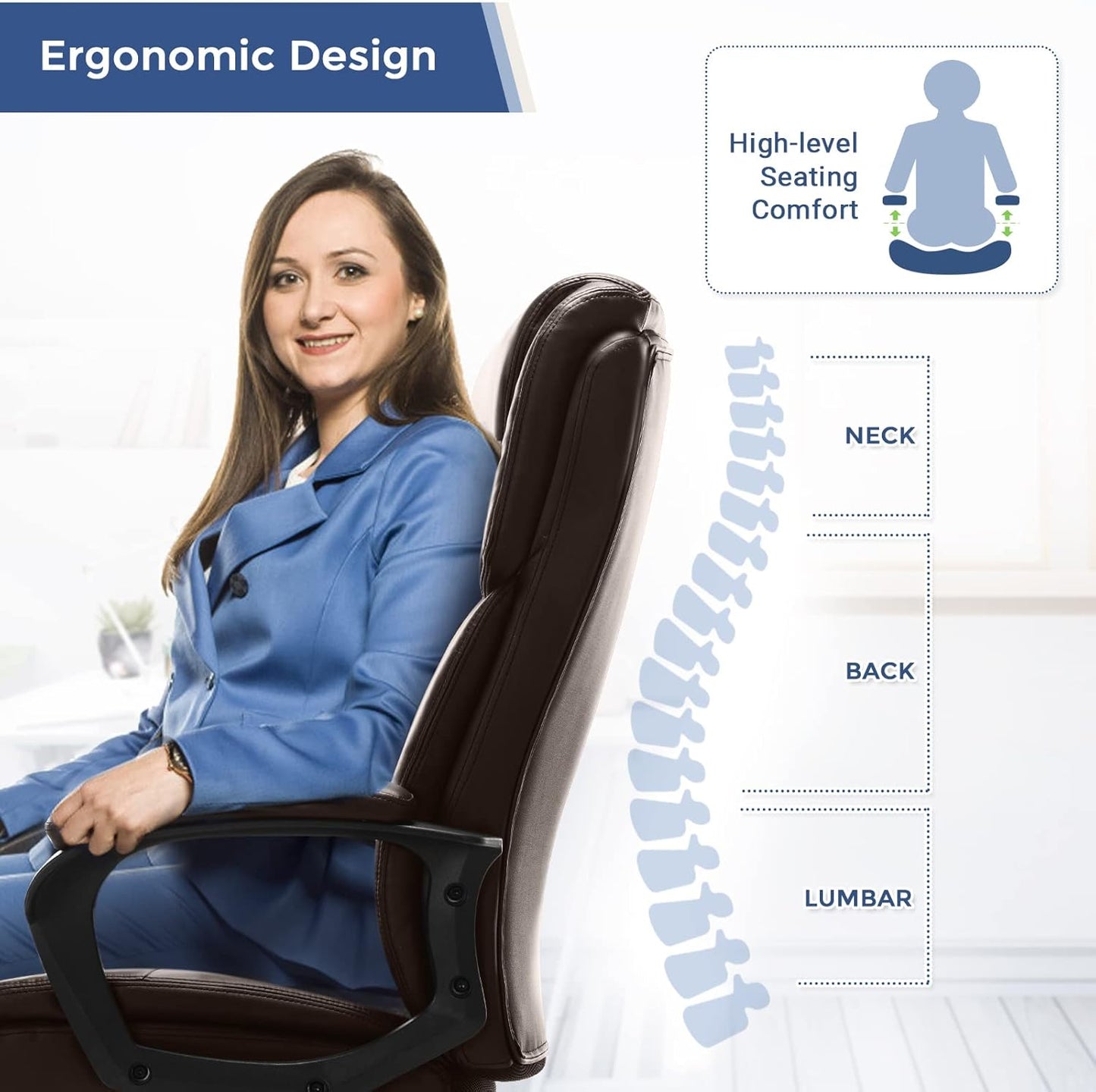 ZUNMOS Executive Office Chair - High Back Adjustable Height with Lumbar Support | Black Leather