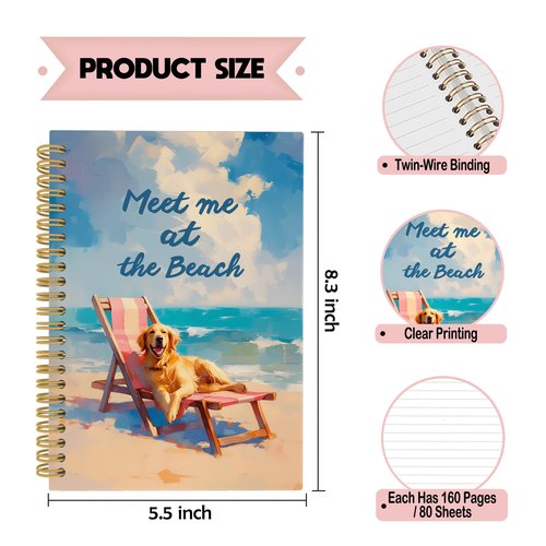 iEFEY Coastal Beach Golden Retriever Spiral Notebook Journal 5.5x8.3in, Dog Pet Lovers Gifts for Women, Ocean Beach Journal, Summer Vacation Puppy Notebooks for Note Taking, Dog Office Supplies
