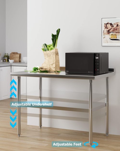 EcoExplorer Heavy Duty Stainless Steel Table for Prep and Work, NSF Commercial Table with Adjustable Bottom Shelf for kitchen, Restaurant, Home, Garage, Hotel, 48 x 24 Inches with Backsplash