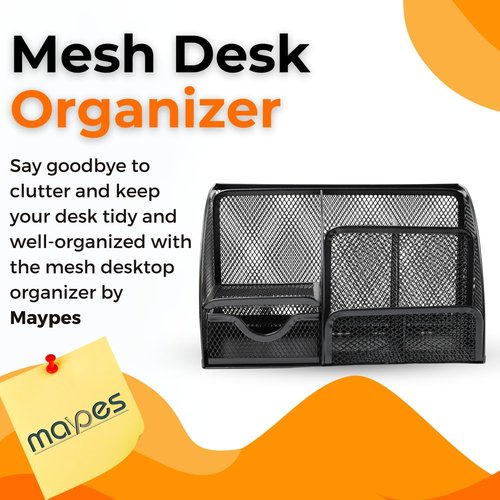 Mesh Desk Organizer - Stylish Office Accessory with 6 Compartments & Drawer | Includes Sticky Notes