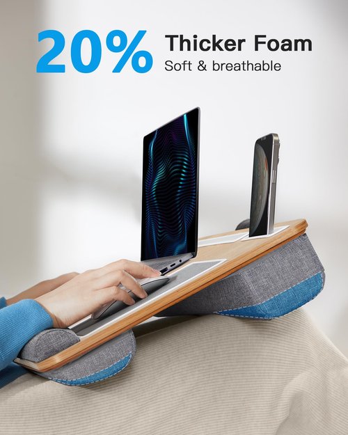 HUANUO Lap Desk - Fits up to 17 inches Laptop Desk, Built in Mouse Pad & Wrist Pad for Notebook, Laptop, Tablet, Lap Stand with Tablet, Pen & Phone Holder (Wood Grain)