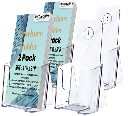 1InTheOffice Acrylic Brochure Holder 4 Pack - Clear, Modern, Portable - Holds Brochures, Flyers, Booklets Up to 4 Inches Wide - Transparent, Home Office