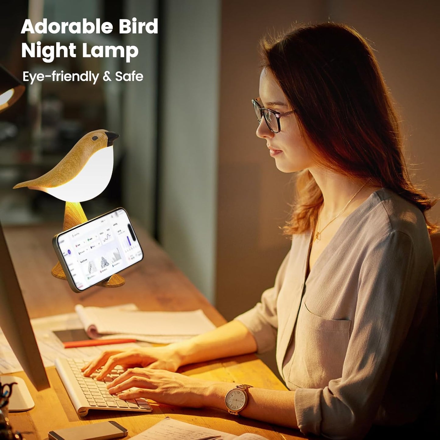 VoMii Small Bird Table Lamp - Touch & Remote Control, 3-Color Dimmable, Rechargeable Night Light | Cute Bedroom Decor