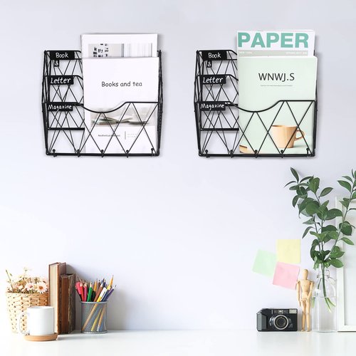 Karsbarwe 3 Tier Wall File Holder Organizer, Hanging File Organizer, Magazine Rack, Wall Mount Paper Folder Holder, with 5 Key Holder Hooks,Metal, Black