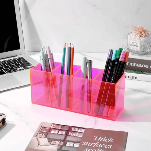 HappyDino Pen Holder for Desk Neon Acrylic Pencil Holder Cup Makeup Brush Storage Organizer for Vanity, Neon Pink