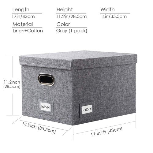 PRANDOM File Organizer Box - Set of 1 Collapsible Decorative Linen Filing Storage Hanging File Folders with Lids Office Cabinet Letter/Legal Size Grey (17x14x11.2 inch)