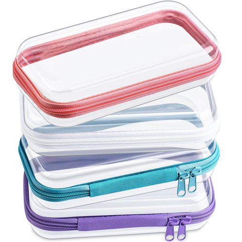 Hoolerry 4 Pcs Hard Clear Zipper Case Transparent Cases for Snacks Makeup Bag Plastic Storage Box Containers for Building Blocks, Puzzles, Cosmetics(Multicolor,7.5 x 3.9 x 2 in)