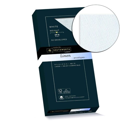 Southworth R14CF 100% Cotton Resume Paper White 24 lbs. Wove 8-1/2 x 11, 100/Box & 25% Cotton #10 Envelopes, 4.125" x 9.5", 24 lb/90 GSM, Wove Finish, White, 50 Count - Packaging May Vary (P554-10)