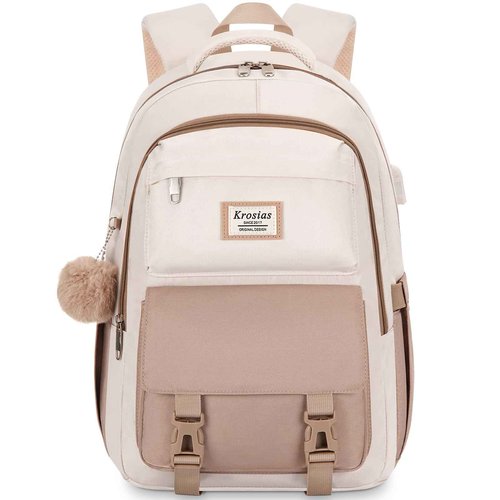 KROSIAS School Backpack for Girls Teens, Cute Aesthetic College Backpacks Large 17.3 Inch Laptop Bag Preppy Bookbag for Women Students Travel (Khaki Beige)