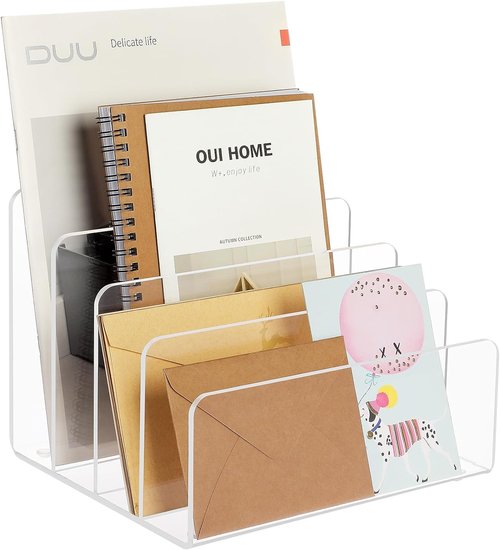 MaxGear Acrylic File Holder, 4 Section Desk Organizer for Envelopes, Letters, Documents, Notebooks, and Electronics, Clear Vertical File Sorter
