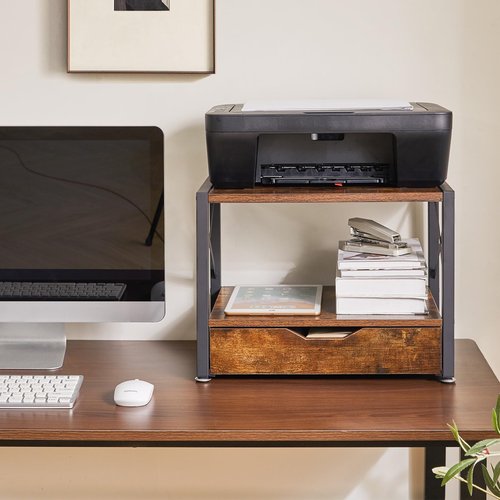 IBUYKE 2 Tier Desktop Printer Stand,Multi-Purpose Desk Organizer,Wooden Printer Stand with Drawer Storage for Folders,Books,for Fax Machine, Scanner,Home Office,Rustic Brown UTLJ006H
